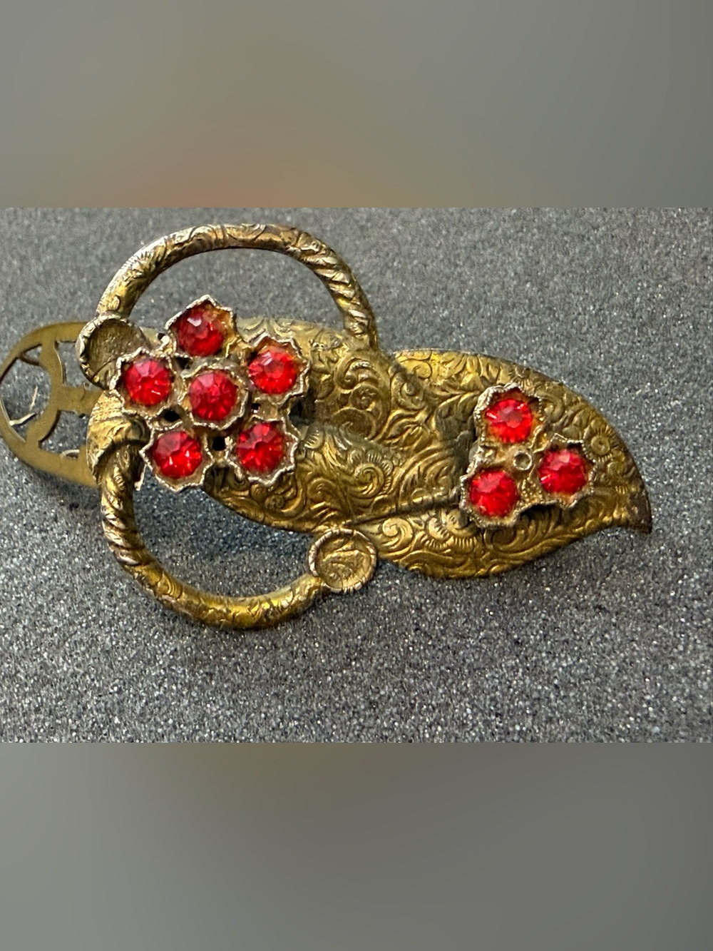 Antique Ruby Red Rhinestone Dress Clip Brass Flower Floral Vintage Clip